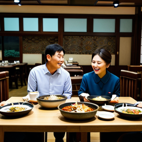 Home 6 A diverse group of professional adults, fully clothed, appropriate attire, enjoying an authentic Korean meal together in a bustling Korean restaurant. The scene captures various traditional Korean dishes like Bibimbap, Bulgogi, and Kimchi Jjigae on the table, set within a vibrant, family-friendly atmosphere of a Korean Town. The restaurant features subtle traditional decor and warm lighting, emphasizing a sense of community and culinary heritage. Professional photography, high resolution, perfect anatomy, correct proportions, natural pose, well-formed hands, proper finger count, natural body proportions, safe for work, appropriate content, fully clothed, modest.