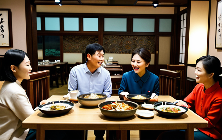 A diverse group of professional adults, fully clothed, appropriate attire, enjoying an authentic Korean meal together in a bustling Korean restaurant. The scene captures various traditional Korean dishes like Bibimbap, Bulgogi, and Kimchi Jjigae on the table, set within a vibrant, family-friendly atmosphere of a Korean Town. The restaurant features subtle traditional decor and warm lighting, emphasizing a sense of community and culinary heritage. Professional photography, high resolution, perfect anatomy, correct proportions, natural pose, well-formed hands, proper finger count, natural body proportions, safe for work, appropriate content, fully clothed, modest.