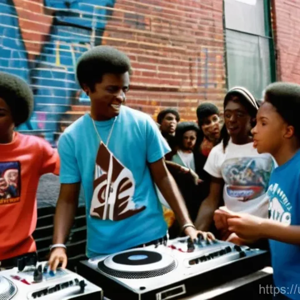 미국 힙합 역사 - A vibrant street party scene in the Bronx during the 1970s, featuring energetic African American and...