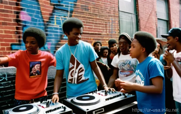 미국 힙합 역사 - A vibrant street party scene in the Bronx during the 1970s, featuring energetic African American and...