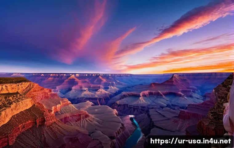 미국 그랜드캐년 여행 - **Prompt:** "A breathtaking wide-angle shot of the Grand Canyon at sunrise. The sky is painted with ...