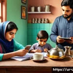 미국 경제위기 예측 - A detailed, realistic digital illustration of a middle-class Pakistani family at home, managing a ti...