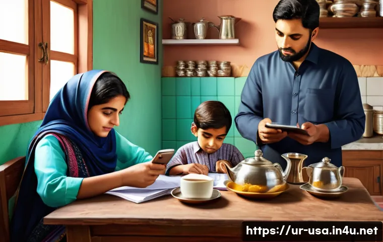 미국 경제위기 예측 - A detailed, realistic digital illustration of a middle-class Pakistani family at home, managing a ti...