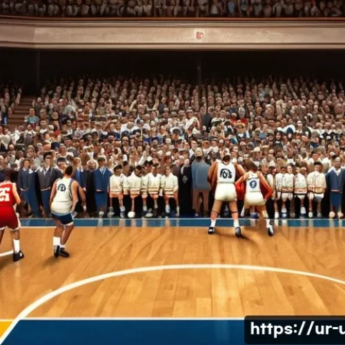 미국 NBA 역사 - A dynamic scene depicting the early days of the NBA in 1946, showing two teams in vintage basketball...