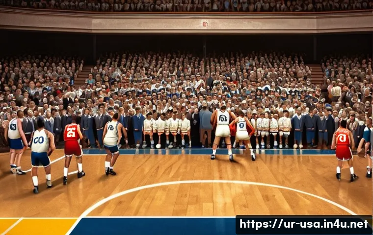 미국 NBA 역사 - A dynamic scene depicting the early days of the NBA in 1946, showing two teams in vintage basketball...