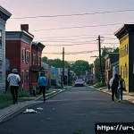 미국 가장 위험한 도시 - A detailed urban residential street scene at dusk in an American city known for high crime rates, sh...