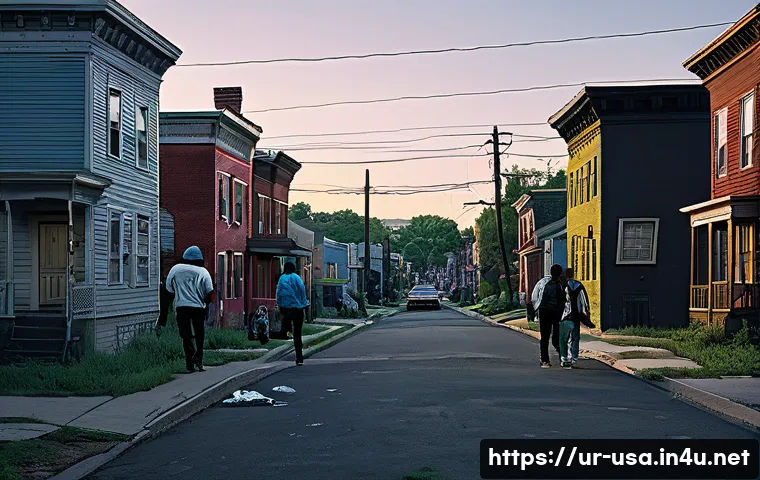 미국 가장 위험한 도시 - A detailed urban residential street scene at dusk in an American city known for high crime rates, sh...