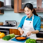 미국 유명 한인 유튜버 - A vibrant and detailed scene of a Korean-American YouTuber filming a cooking vlog in a modern kitche...