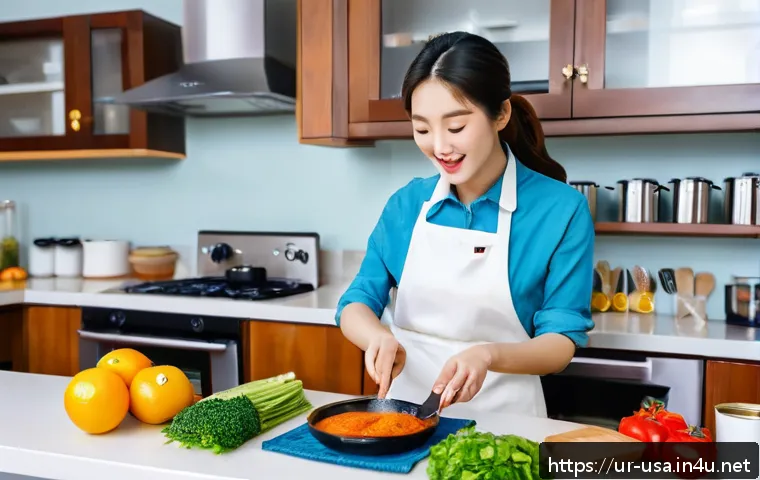 미국 유명 한인 유튜버 - A vibrant and detailed scene of a Korean-American YouTuber filming a cooking vlog in a modern kitche...
