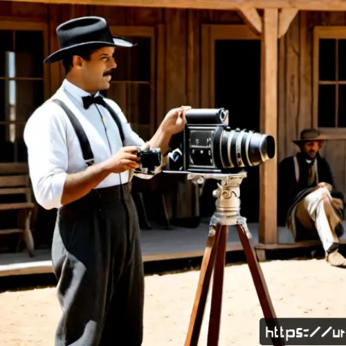 Home 17 미국 영화 산업 발전사 - Photorealistic early 1920s American film studio, a hand-cranked silent movie camera filming actors i...