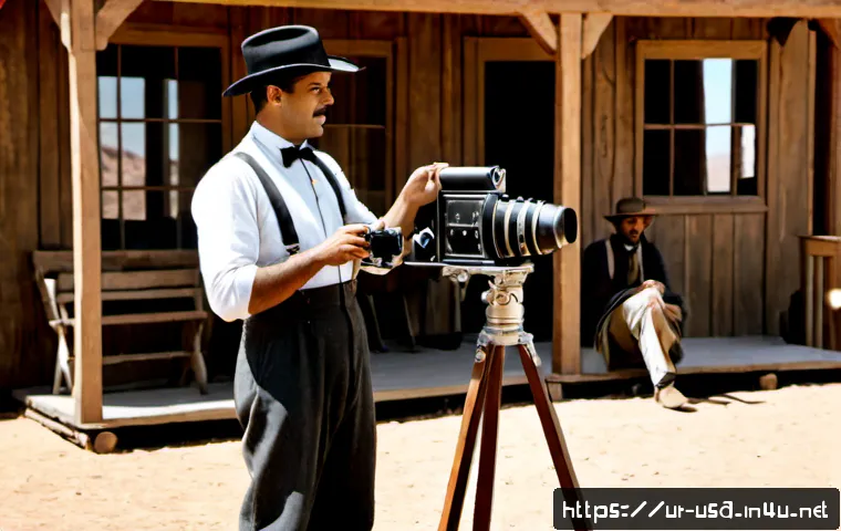 미국 영화 산업 발전사 - Photorealistic early 1920s American film studio, a hand-cranked silent movie camera filming actors i...