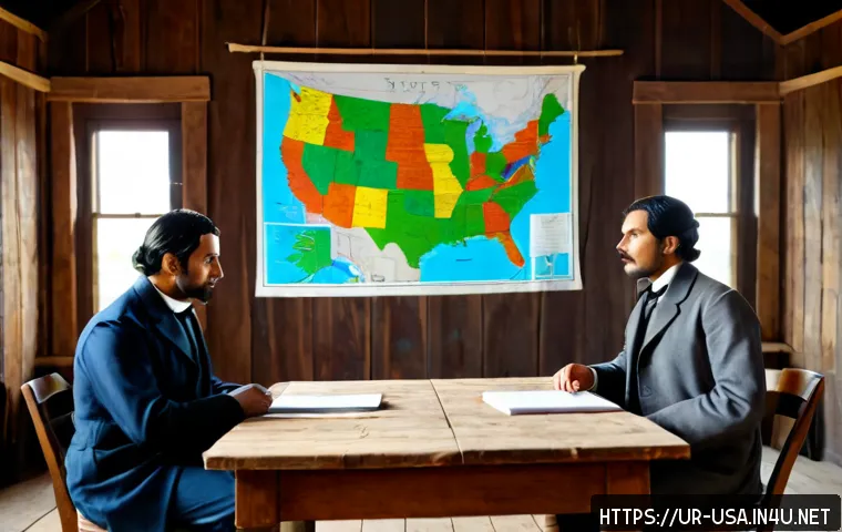Home 17 미국 남북전쟁 원인과 결과 - Photorealistic historical scene illustrating the causes of the American Civil War, a tense 1860s deb...