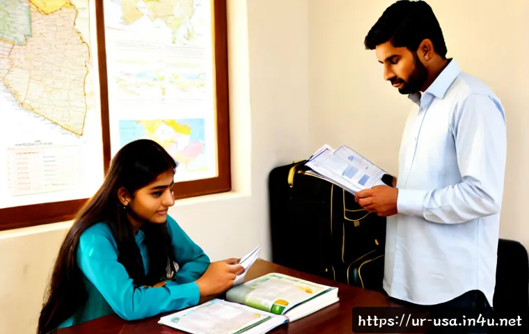 Home 26 미국 유학 필수 정보 - Photorealistic scene of a Pakistani Urdu-speaking student and her parents reviewing a U.S. study-abr...