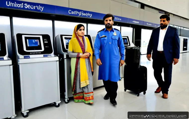Home 15 미국 보안검색 절차 - Photorealistic modern United States airport security checkpoint, a Pakistani Urdu-speaking family ca...